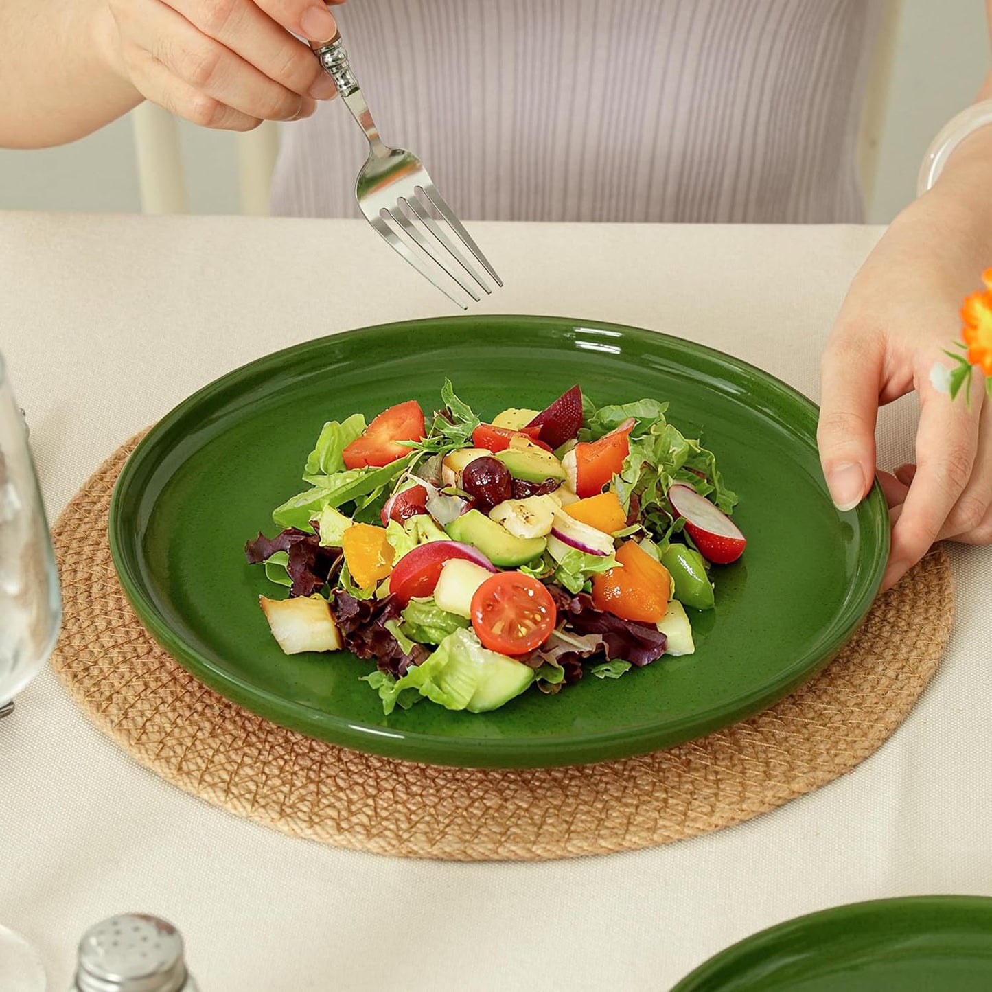 Stoneware Salad Plates Set of 4, 8 Inch Plates for Dessert, Ceramic Plates Sets, Microwave Safe, Dishwasher Safe, Versatile for All Seasons, Forest Glaze Green