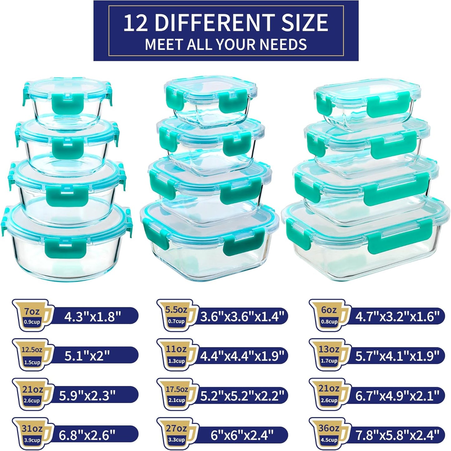 MFY 12-Pack Glass Storage Containers with Lids, Glass Meal Prep Containers Set, Airtight Lunch Containers with Lids, Microwave, Oven, Freezer and Dishwasher Safe, Green