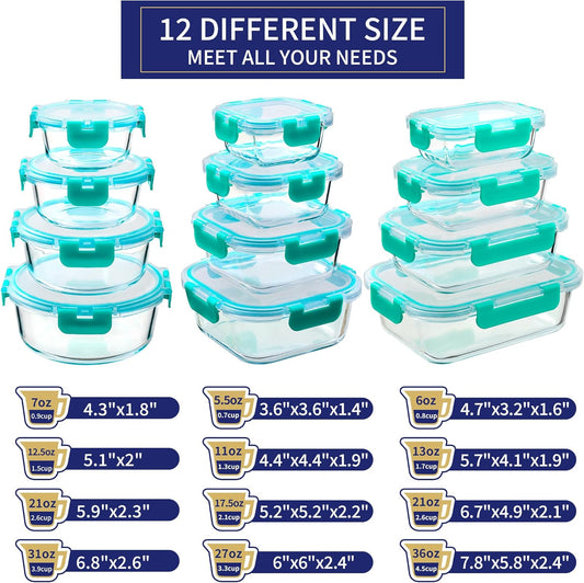 MFY 12-Pack Glass Storage Containers with Lids, Glass Meal Prep Containers Set, Airtight Lunch Containers with Lids, Microwave, Oven, Freezer and Dishwasher Safe, Green