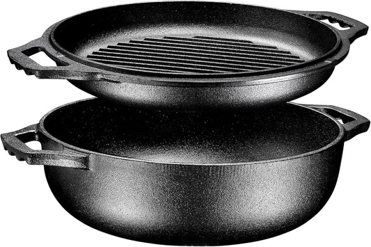 2-in-1 Enameled Cast Iron Cocotte Double Braiser Pan with Grill Lid 3.3 Quarts - Barbecue Grill Non Stick Frying Pan - Casserole Cookware Wide Handle (Grey)