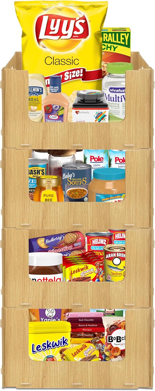 TidyFriend Wooden Stackable Storage Bins for Pantry Organizers and Storage 4 Pack, Pantry Storage for Food, Kitchen and Home Organization (Wood)