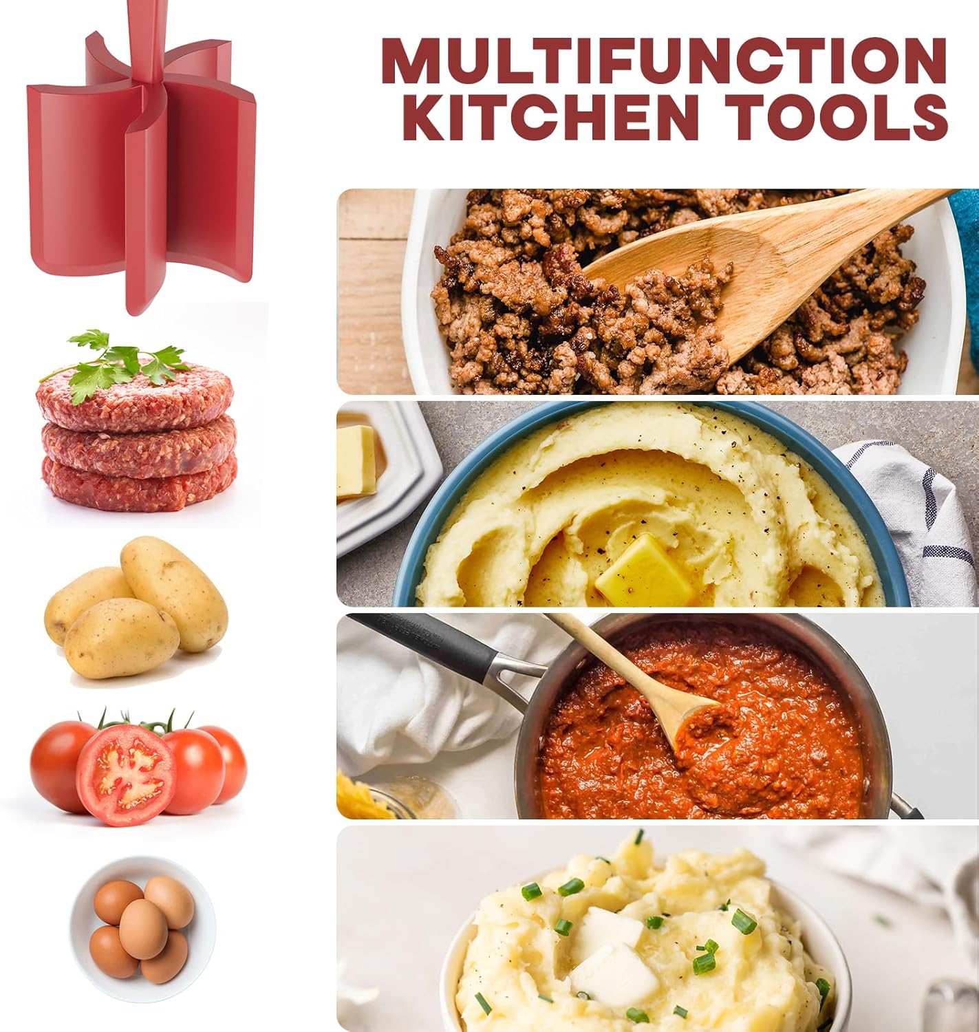 2 Pcs Meat Chopper, Upgrade Hamburger Grinder, Premium Heat Resistant Meat Masher for Ground Beef, Ground Turkey and More, Non Stick Mix Chopper, Hamburger Smasher Safe-Red