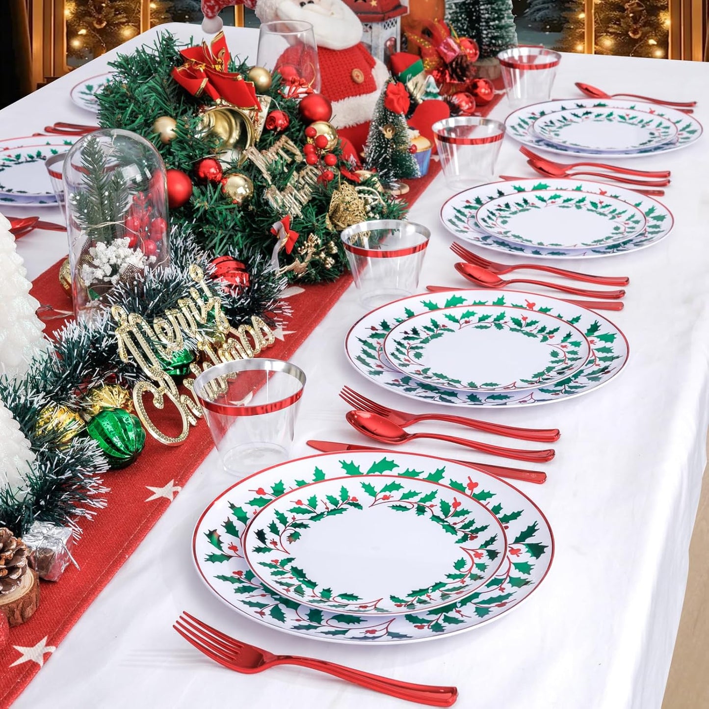 KIRE 150PCS Christmas Plates Disposable - Christmas Plates Dinnerware - White Plastic Plates With Berry And Leaves Design, Red Plastic Silverware And Cups With Red Rim For Christmas Party Supplies