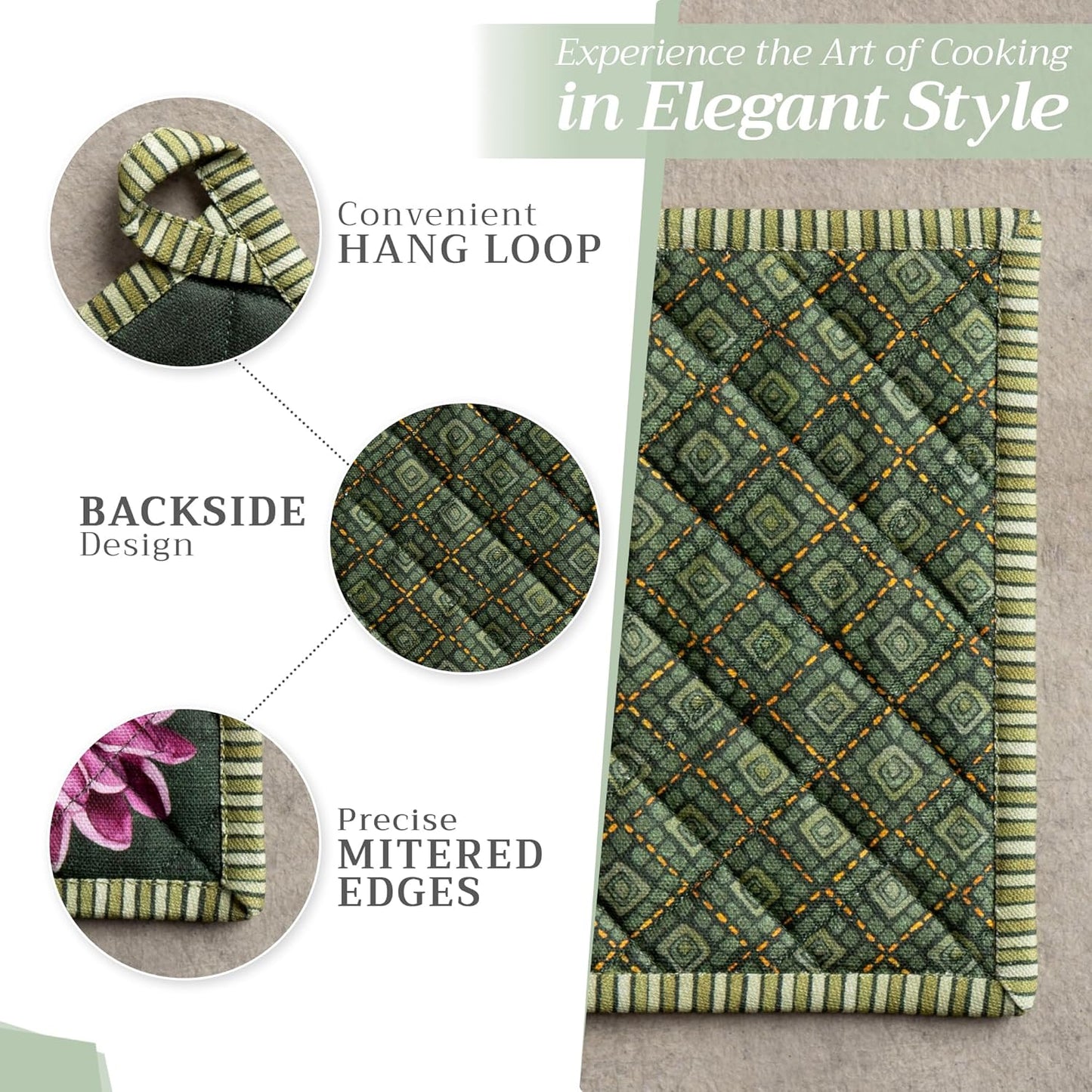 Maison d' Hermine 100% Cotton Oven Mitt & Pot Holder Set (7.5"x13" & 8"x8") Heat Resistant BBQ Cooking Gloves with Loop for Christmas Decorations Handling Hot Pans (Pumpkin Garden - Dark Green)