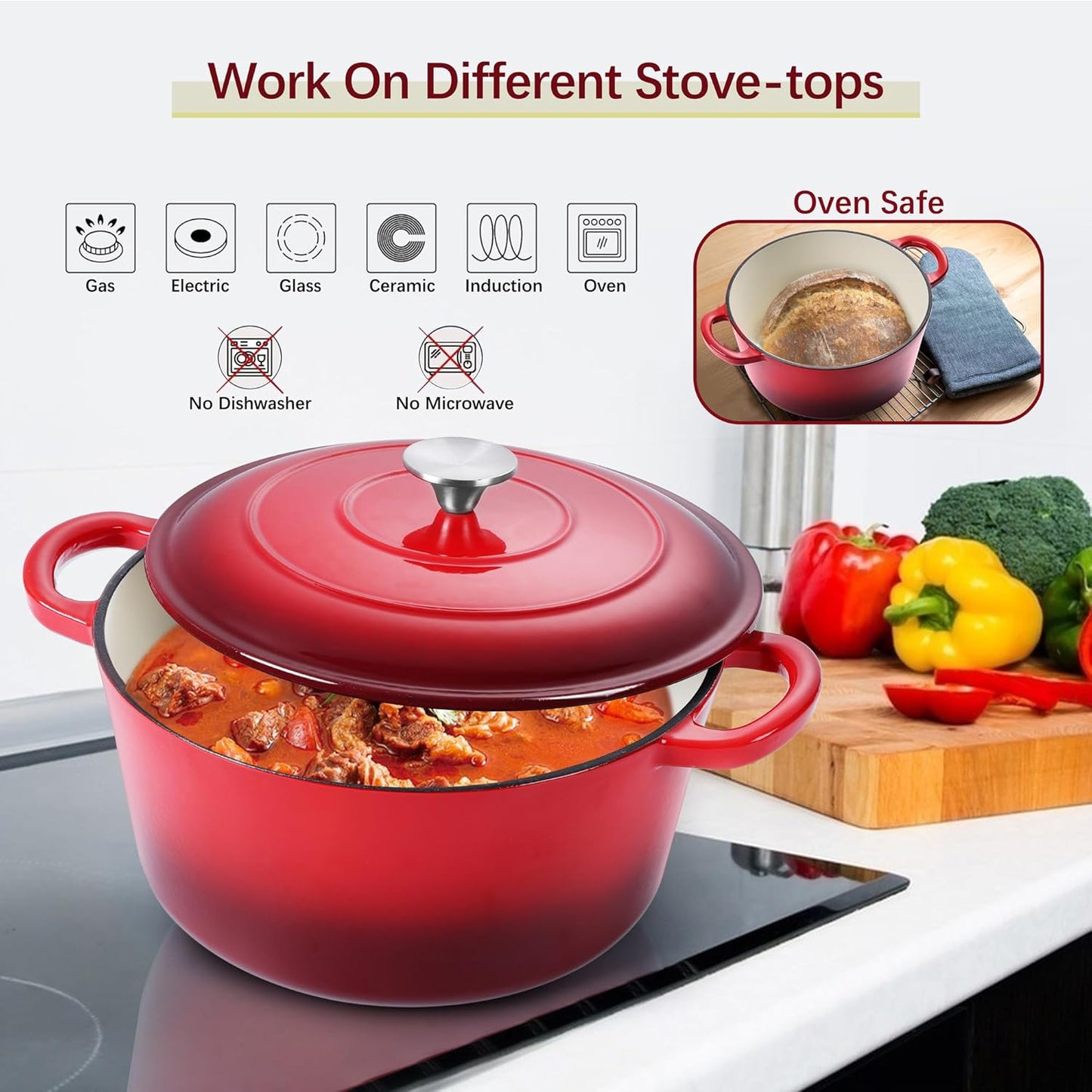 E-far Dutch Oven Pot with Lid, 5 Quart Enameled Cast Iron Round Dutch Oven Stockpot for Bread Baking/Braising/Cooking/Roasting/Stewing, Heavy Duty Nonstick Cookware Safe for Induction & Oven - Red