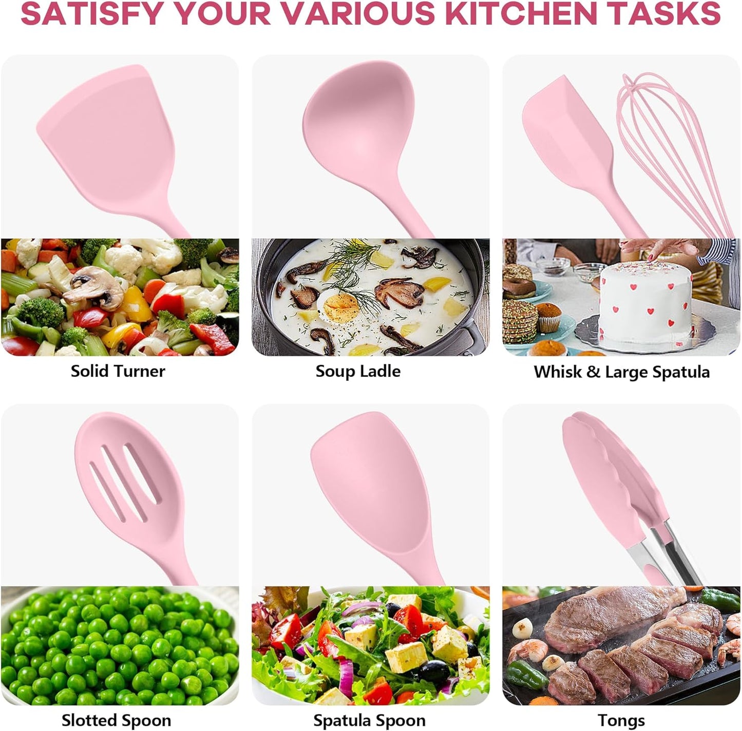 TeamFar Kitchen Cooking Utensils, 10 pcs Silicone Cooking Utensils Set, 446°F Heat Resistant Kitchen Gadgets Tools Set w/Spatula, Turners, Spoons, Soup Ladle, Pasta Server for Nonstick Cookware, Pink