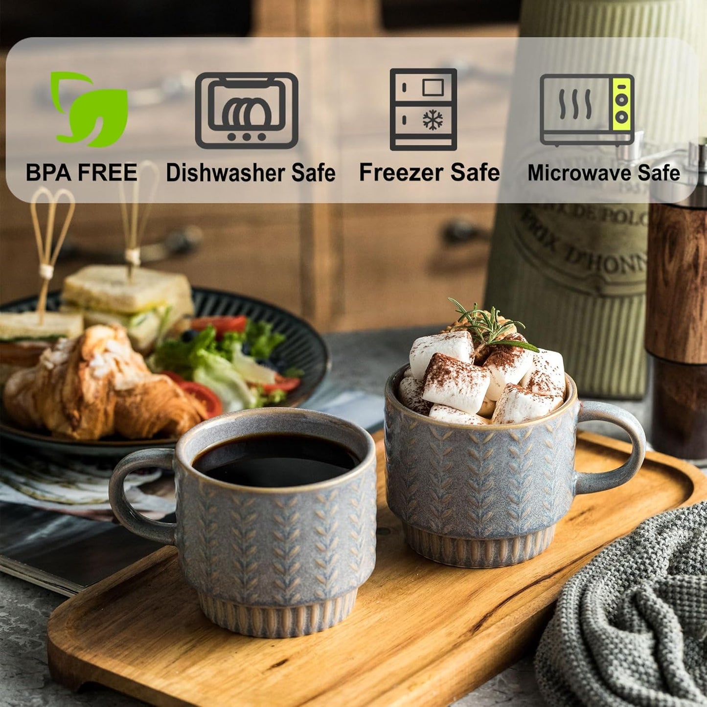 Coffee Mugs Set of 4 with Spoons & Stand, Stackable Espresso Cups 13oz Coffee Mug for Drinks Latte Cappuccino Tea, Coffee Cup for Women Men Couples Housewarming Birthday Gift, Dishwasher Safe