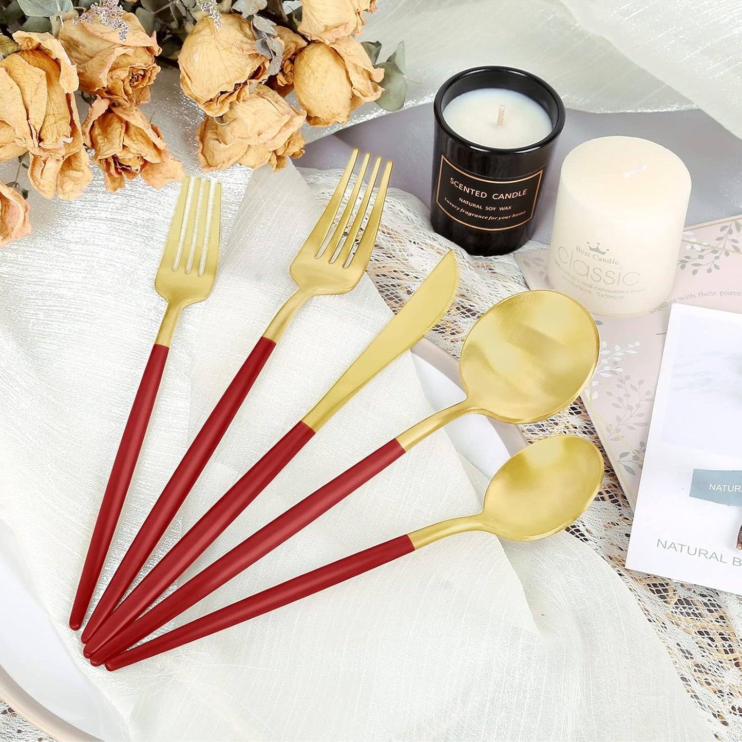 Matte Red Gold Silverware Set 30 Pieces, FAMEWARE Stainless Steel Flatware Set，Service for 6，Kitchen Utensil Set, Tableware Cutlery Set, Satin Finished Polished & Dishwasher Safe