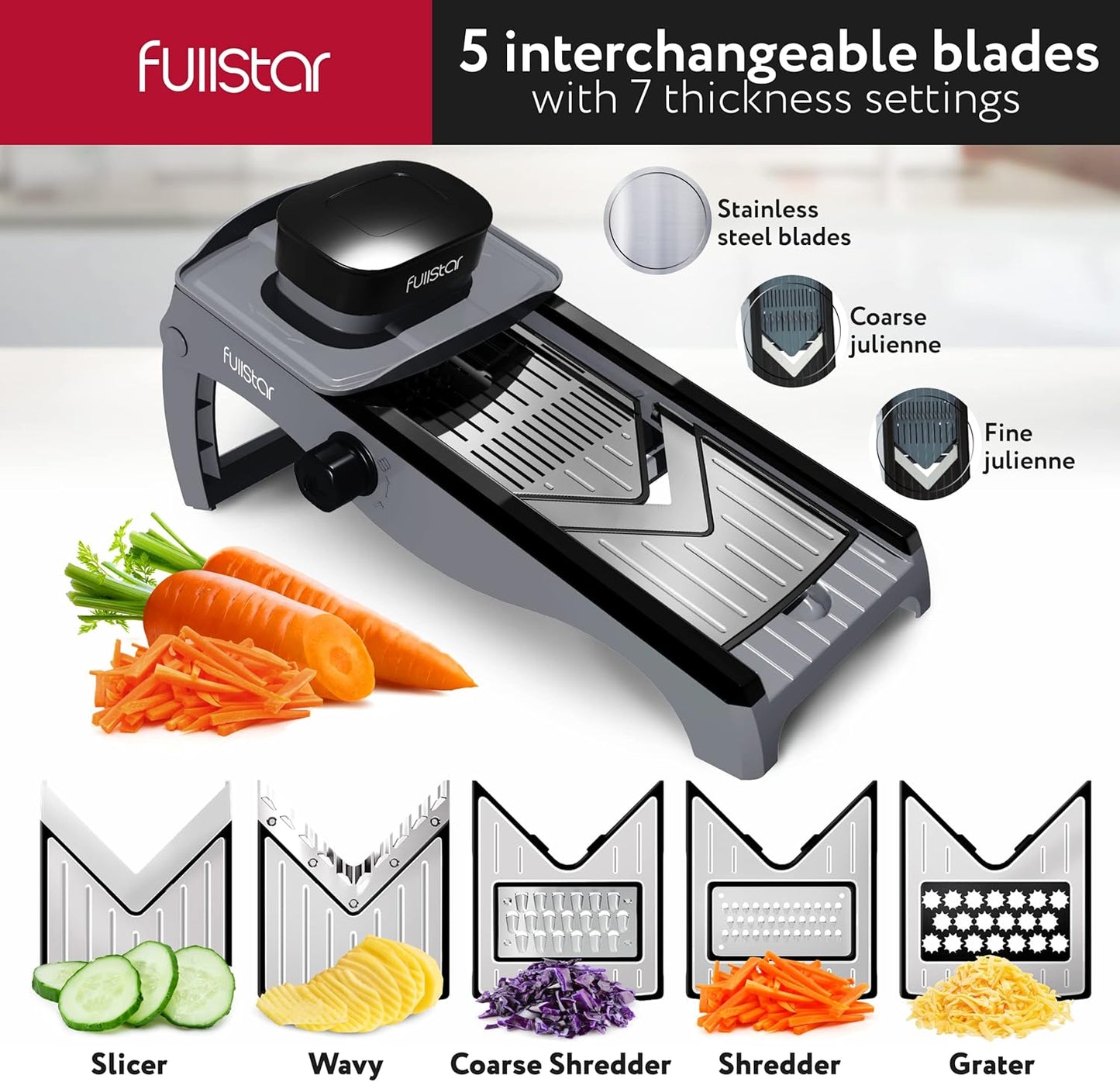 Fullstar Mandoline Slicer for Kitchen – Stainless Steel Vegetable Cutter & Cheese Grater with Adjustable Blades, Safety Glove & Catch Tray Included (7-in-1, Silver)