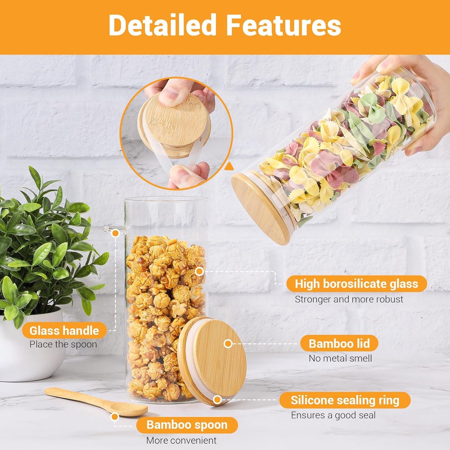 Glass Storage Jars with Airtight Lid - 4 Pack 31 Fl.oz Round Glass Jar with Bamboo Lids and Spoon, Includes Labels, Marker and Brush, Pasta Storage Containers, Cereal, Flour, Rice Canister