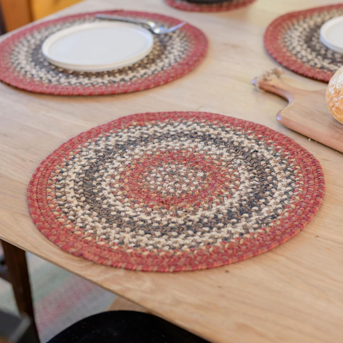 Chester Jute Woven Round Placemats Set of 6, 15", Warm Lodge and Cabin Decor, Red Table Mats - Vibrant Colors, Durable, Easy to Clean and Protects Furniture
