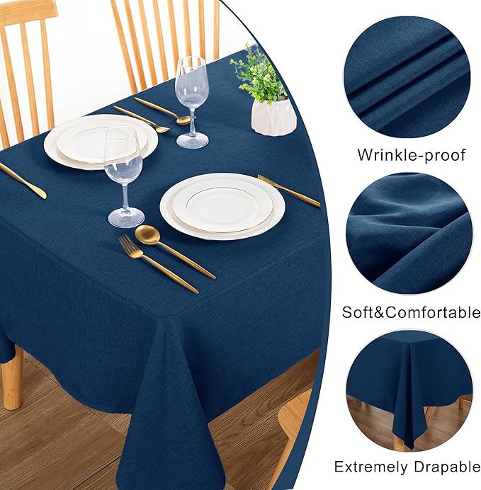 DWCN Faux Linen Tablecloth Rectangle - Fabric Waterproof Spill-Proof Wrinkle and Stain Resistant Tablecloths Decorative Farmhouse Table Cover for Kitchen Dining Party, 60 x 102 Inch, Navy Blue