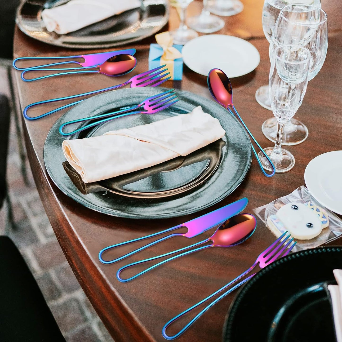 A·HOUSEWARE Iridescent Silverware Hollow Design 20 Piece Stainless Steel Flatware Set of 4 include Forks Spoons Knives Rainbow Utensils Color for Restaurant Parties Durable