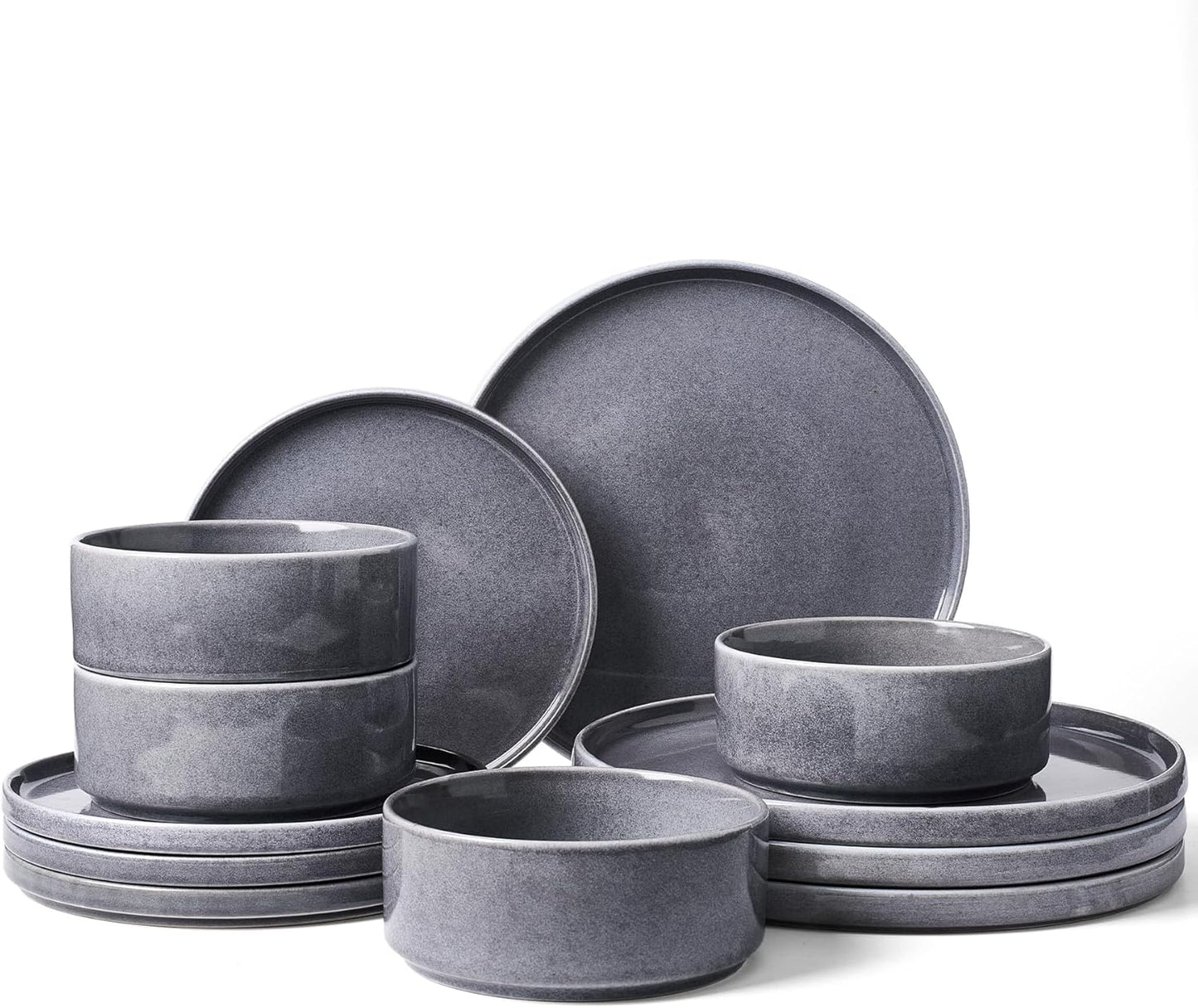 Famiware Annecy Plates and Bowls Sets, 12 Pieces Dinnerware Sets, Microwave and Dishwasher Safe Dishes Set for 4, Chip and Scratch Resistant, Misty-Blue