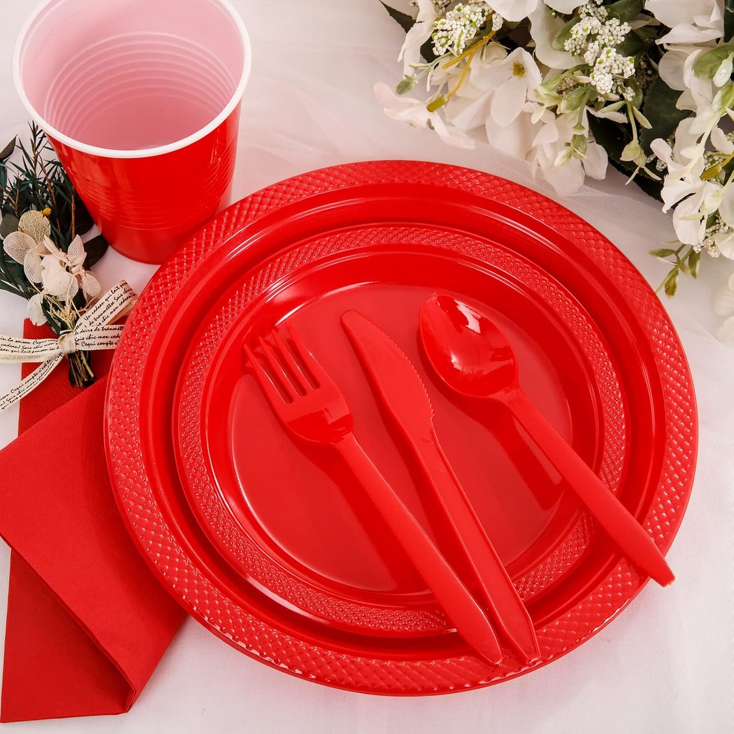 MirthMood 350PCS Red Disposable Plastic Plates,Red Dinnerware Set Includes 50 Dinner Plates, 50 Salad Plates, 50 Sets of Silverware, 50 Napkins and 50Pcs 12OZ Plastic Cups
