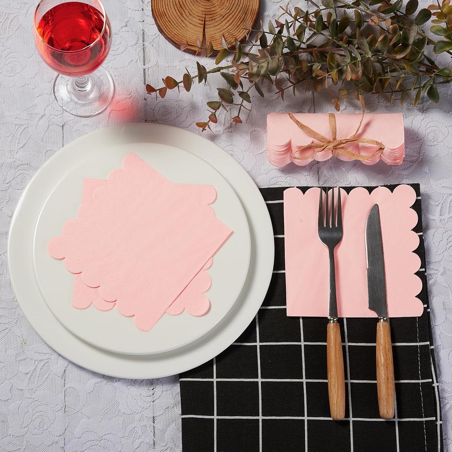 100 Pack Cocktail Napkin 2-Ply Scalloped Edged Dessert Napkins Folded 5 x 5 Inches Disposable Napkins for Dinner Wedding Birthday Party Bridal Anniversary Reception Event (Pink)