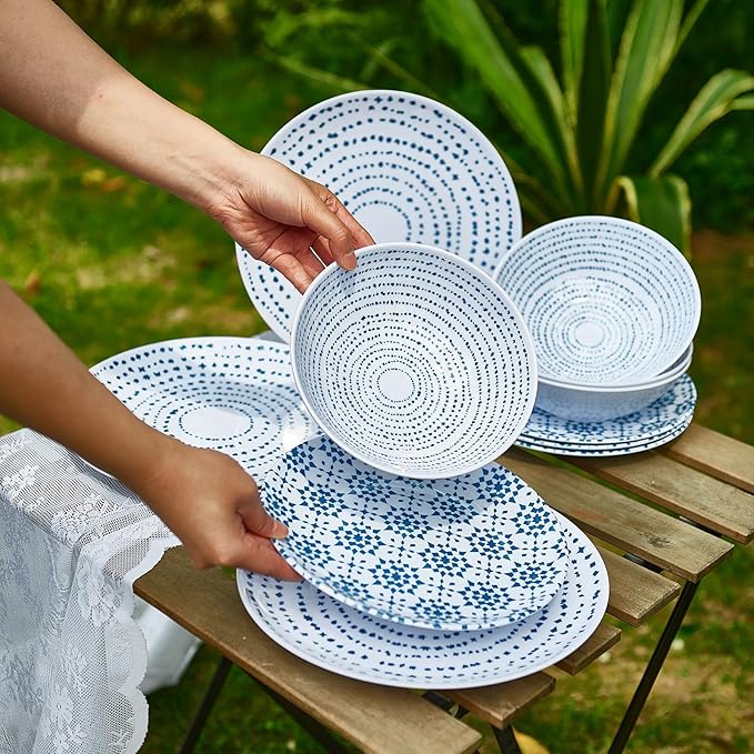 Melamine Dinnerware Set of 12 Pcs Dinner Dishes Set Bowls and Plates for Indoor and Outdoor with Unbreakable Non-breakable Lightweight Dining Tableware