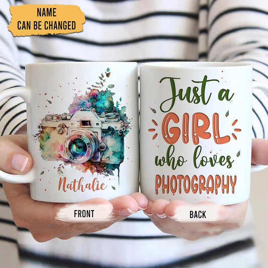 Hyturtle Personalized Gifts Photography Lover - Just A Girl Who Loves Photography Custom Name Ceramic Coffee Mug Cup 11oz - Perfect Idea Gifts For Women, Girl Daughter On Birthday, Christmas