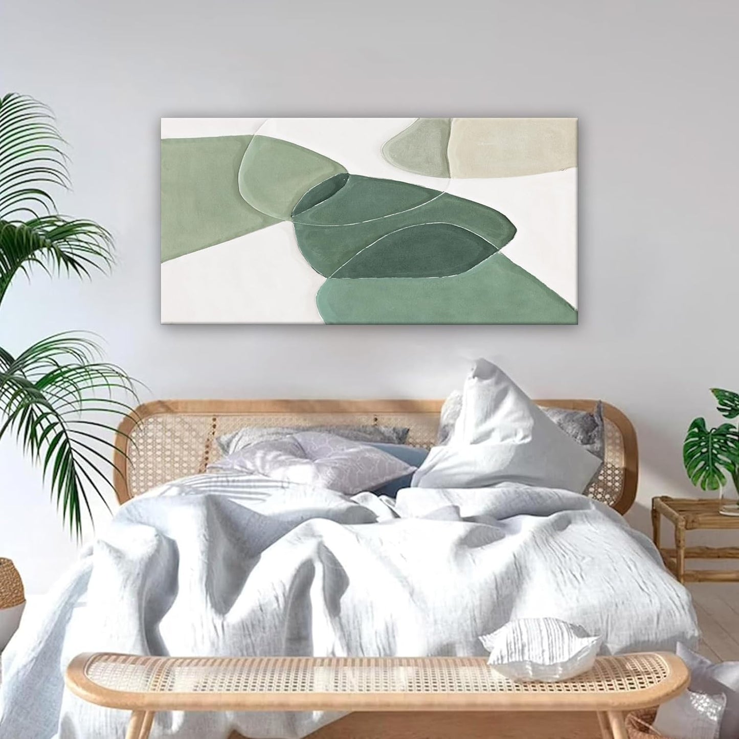 QSQ Green Wall Art Decor Green White Boho Wall Art Minimalist Wall Art Geometric Color Block Canvas Artwork Paintings Wall Decor Modern Home Bedroom Art Office Decor 20"X 40"