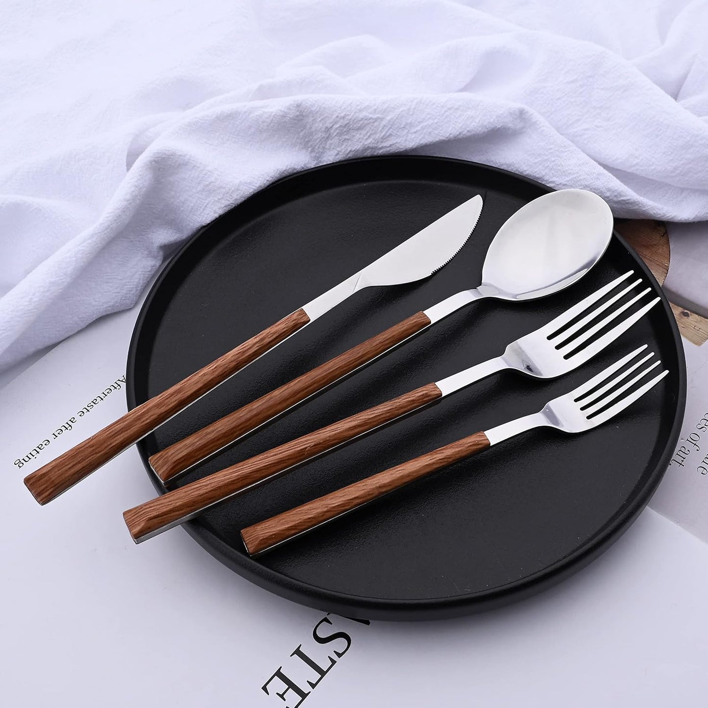 Silverware Set for 4, 16-Piece Stainless Steel Flatware Cutlery Set, Tableware Eating Utensil Set with Wooden Effect Handle, Include Knife Fork Spoon, Mirror Polished, Dishwasher Safe