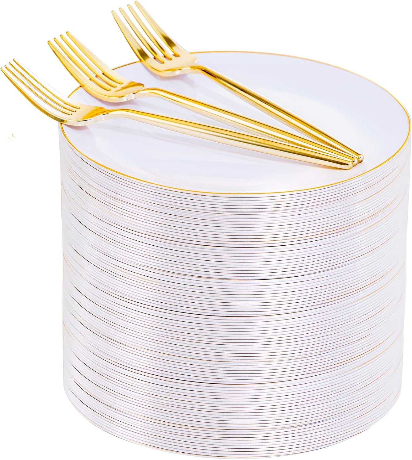 Rubtlamp 200Pcs Gold Plastic Dessert Plates,White Appetizer Platos with Gold Disposable Forks, Fancy Small Dessert/Cake Plates Include 100pcs 7.5" Salad Platos, 100pcs 7.6" Plastic Forks for Party
