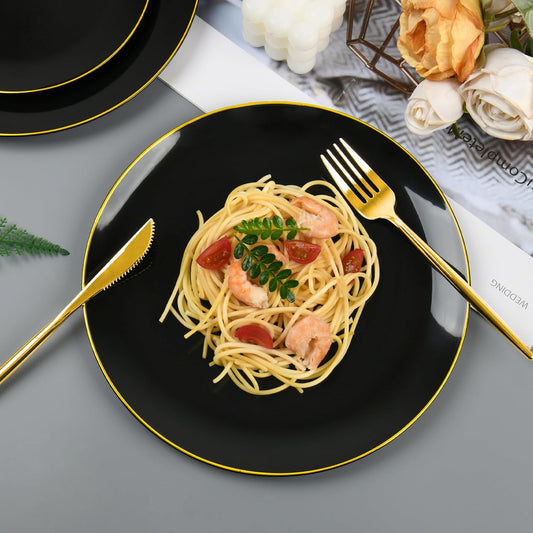 I00000 150Pcs Black Plastic Plates,Heavy Duty Black Plates for 30 Guests,Plastic Dinnerware Set Include 30 Dinner Plate,30 Dessert Plate,90 Gold Cutlery Set for Party