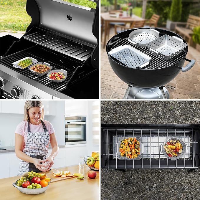 Onlyfire 3 Packs Grill Baskets, Heavy Duty Stainless Steel Perforated Vegetable Grill Baskets, 3 Piece Mini Grilling Basket Set, Grill Pan for Outdoor Grill