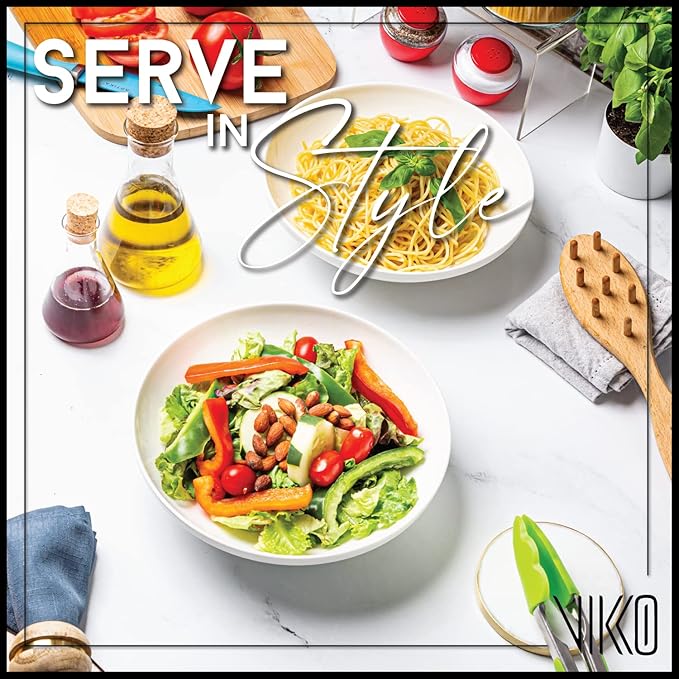 Vikko Pasta Bowls, 8.5 Inch Salad Bowls, White Soup Bowls, Fine Bone China Pasta Bowls, Set of 6, Microwave and Dishwasher Safe