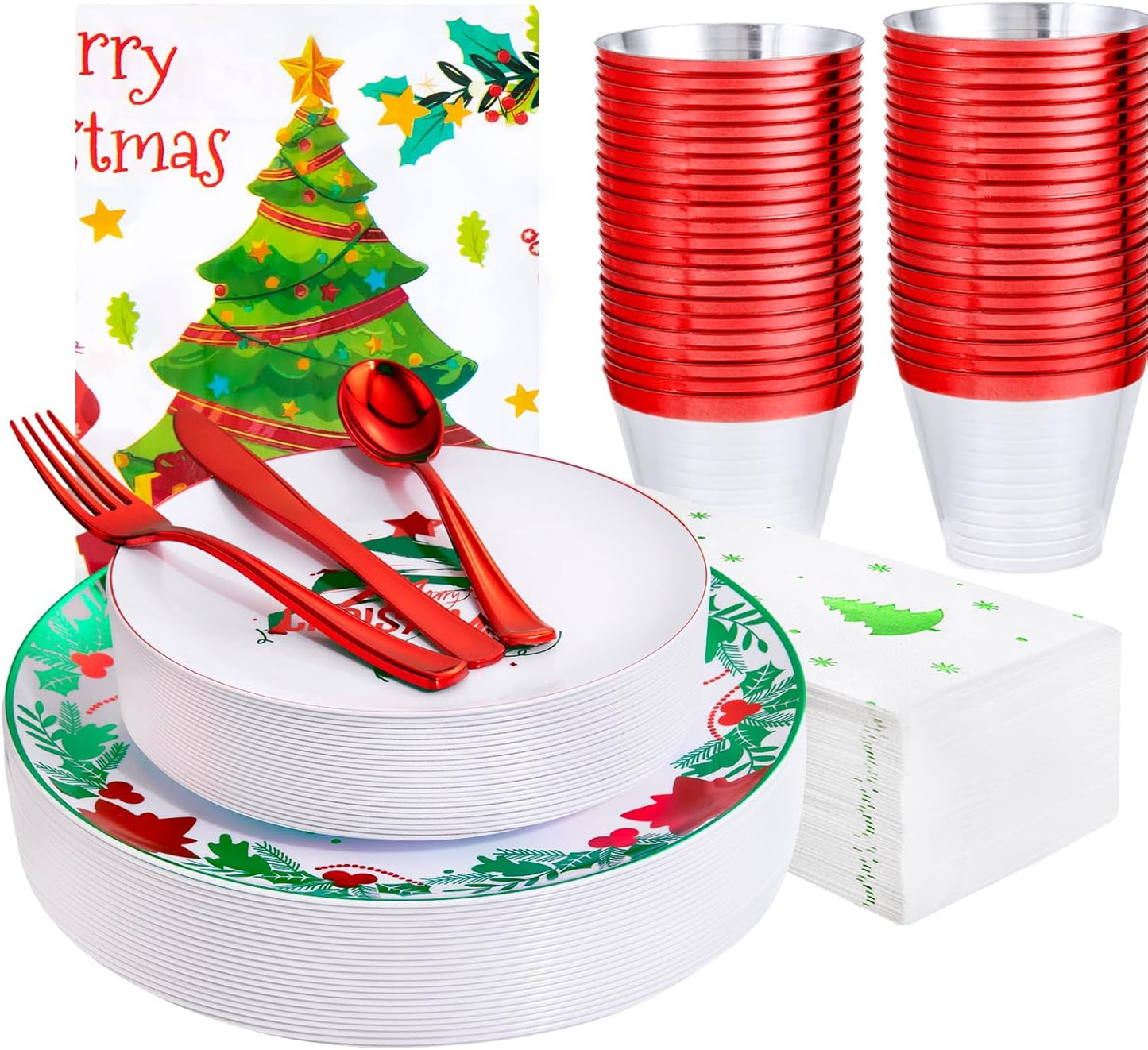 GATHER 176 Pieces of Christmas Plates - Disposable Plastic Dinnerware Set - Christmas Tree Includes 50 Plates 75 Plastic Silver Cutlery 25 Cups 25 Napkins and Tablecloths