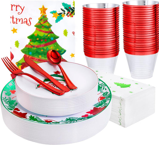 GATHER 176 Pieces of Christmas Plates - Disposable Plastic Dinnerware Set - Christmas Tree Includes 50 Plates 75 Plastic Silver Cutlery 25 Cups 25 Napkins and Tablecloths