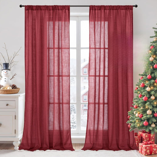 BGment Burgundy Linen Semi Sheer Curtains for Living Room 84 Inch Length 2 Panels Set, Christmas Window Drapes Light Filtering with Rod Pocket for Bedroom Decor Lightweight, 52 X 84 Inch
