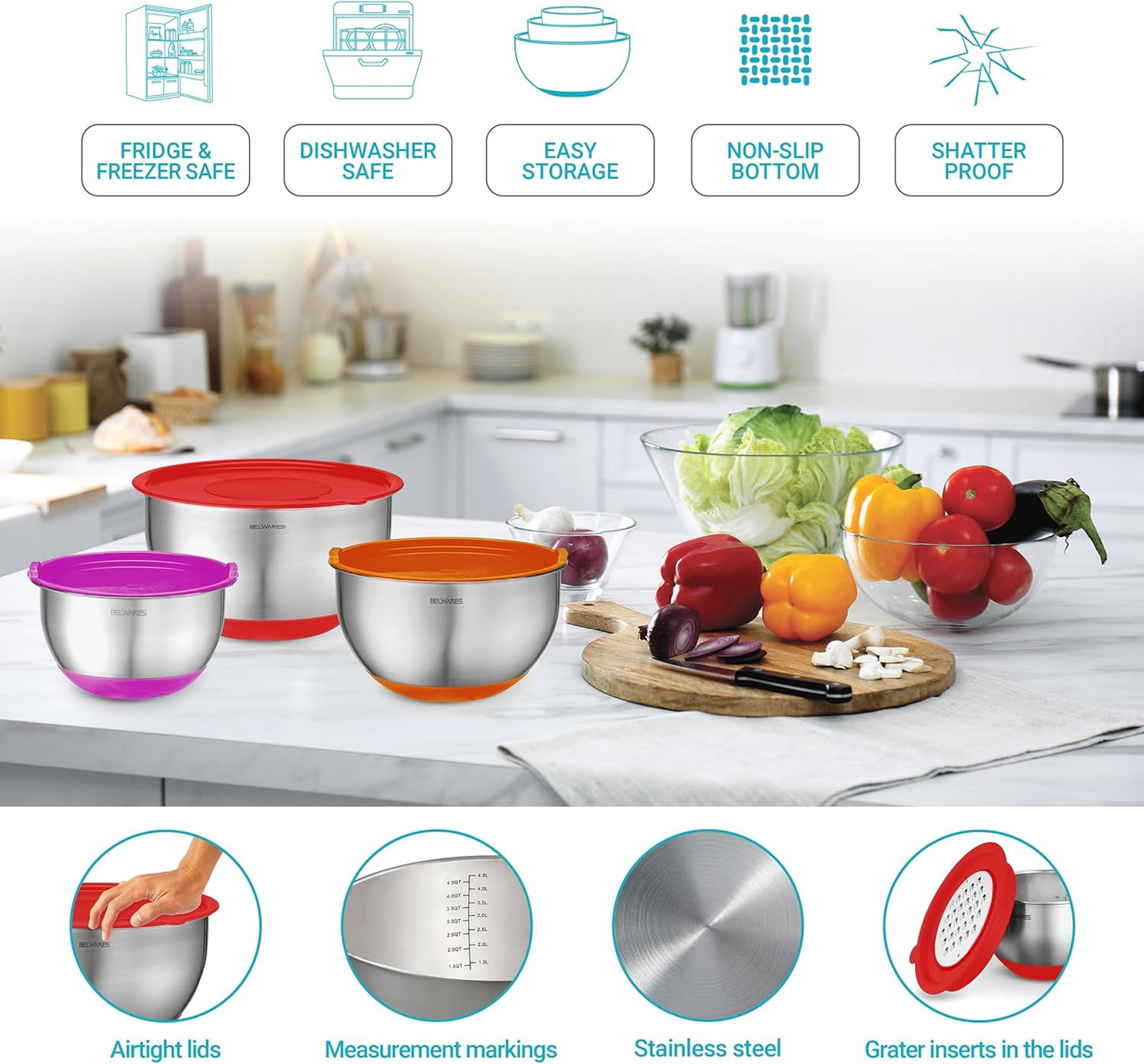 Belwares Mixing Bowls with Lids Set of 5 - Stainless Steel Nesting Bowls with Non-Slip Silicone Bottoms, Airtight Lids & 3 Grater Attachments Kitchen Baking Bowls for Food Prep & Storage (Colorful)