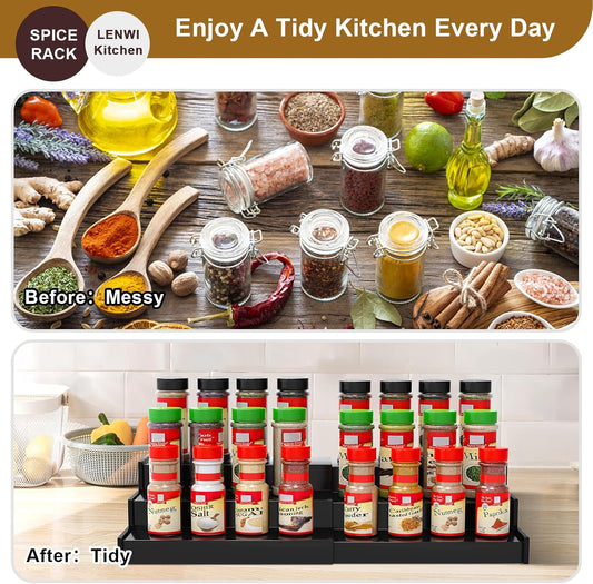 Spice Rack Organizer for Cabinet 2Pack, 3 Tier Expandable Bamboo Spice Storage, Great for Kitchen Cabinet, Cupboard,Pantry and More(Black)