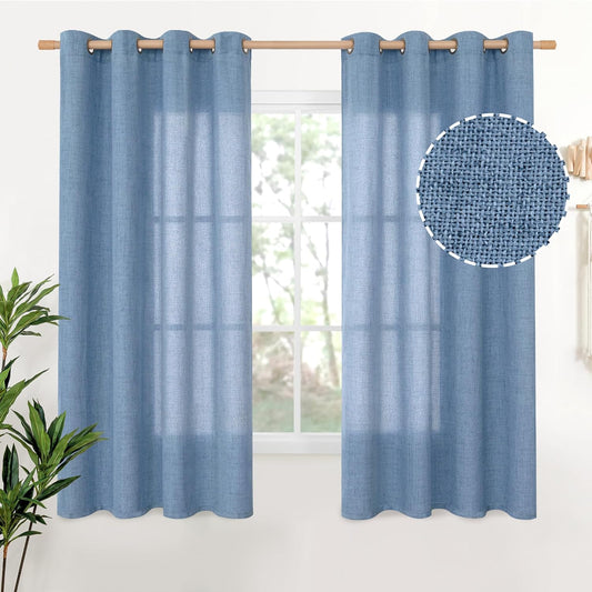YoungsTex Blue Linen Curtains 63 Inch Length 2 Panels Set for Living Room- Light Filtering Drapes with Bronze Grommet Privacy Ocean Decorative for Bathroom Bedroom Window, 52 x 63 Inch