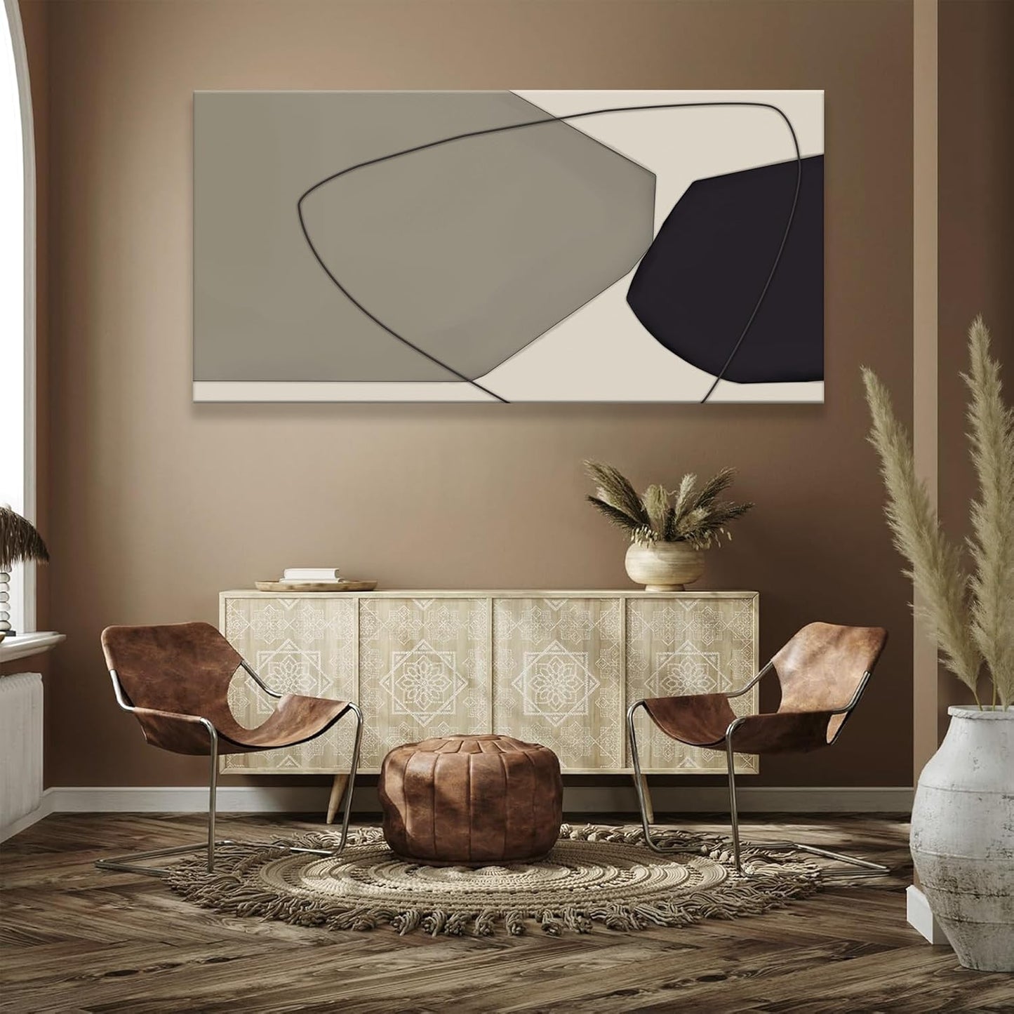 Large Abstract Wall Art Black And Grey White Wall Art Geometric Color Block Line Painting Artwork Canvas Art Wall Decor Simple Picture Artwork For Living Room Bedroom Office Home Artwork 29"X 58"