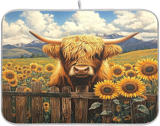Highland Cow Sunflower Field Dish Drying Mat for Kitchen Counter Super Absorbent Dishes Pad Reversible Microfiber Protector Dish Draining Mats 16x18 inch