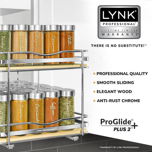 LYNK PROFESSIONAL® Élite™ Pull Out Spice Rack Organizer for Inside Kitchen Cabinets - 10-1/4 inch Wide - Slide Out Drawer – Wood/Chrome Sliding Spice Cabinet Organization Shelf Racks - 2 Tier