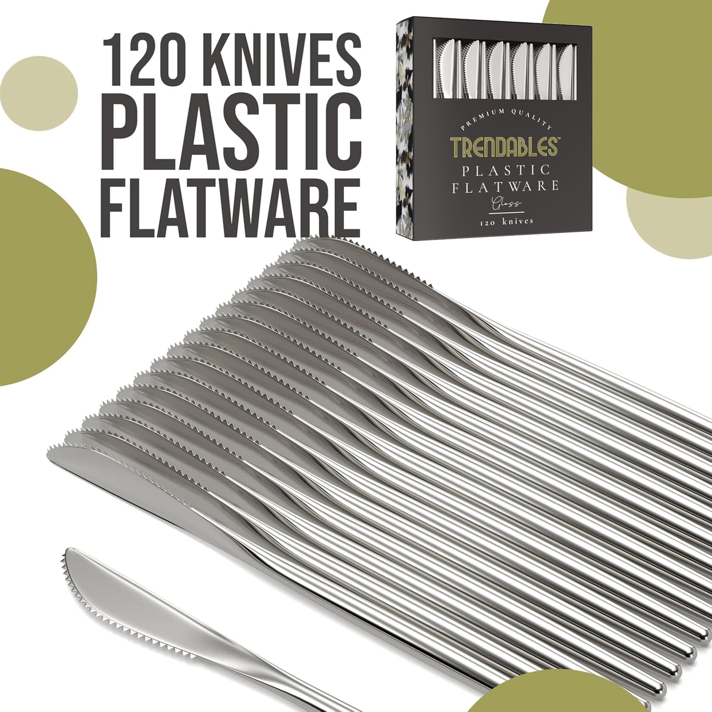 Trendables Disposable Silverware - 120 Pack Plastic Cutlery Set With Knives, Beautiful Silver Plastic Utensils