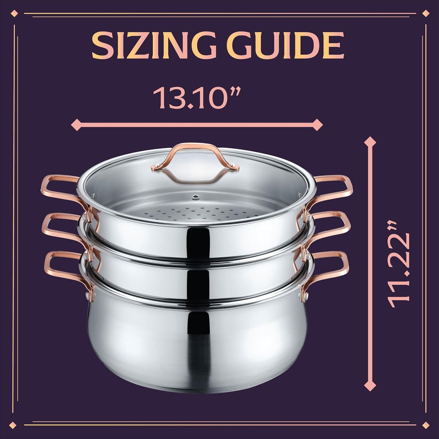 CONCORD Premium Stainless Steel 3 Tier Steamer w/Rose Gold Handles 30 cm