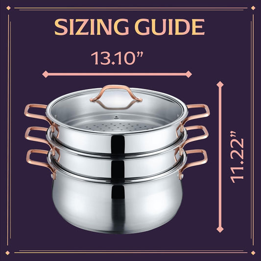 CONCORD Premium Stainless Steel 3 Tier Steamer w/Rose Gold Handles 30 cm