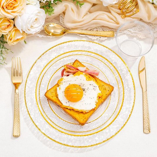 Ciaell 150PCS Clear Gold Plastic Plates - Disposable Gold Rim Plates include 25Dinner Plate, 25Dessert Plate, 25Forks, 25Knives, 25Spoons, 25Cups for Wedding & Party & Thanksgiving