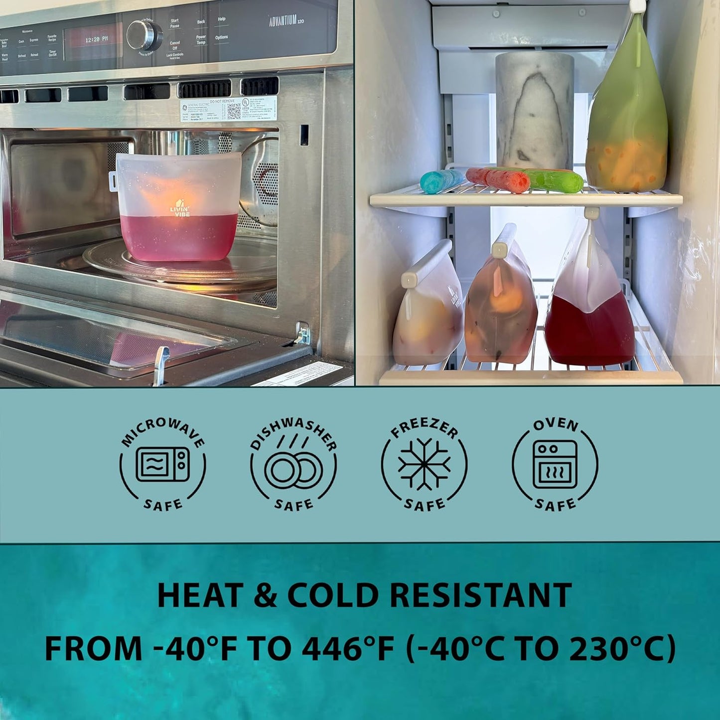 Reusable Silicone Food Storage Bags – Set of 4 Multicolor (500ml/17oz, 1000ml/34oz, 1500ml/51oz, 2000ml/68oz) – Leakproof, Freezer, Microwave, Oven & Dishwasher Safe, BPA-Free