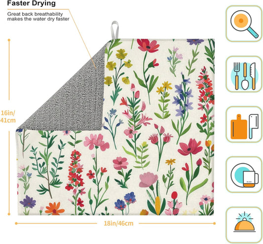 Watercolor Wildflower Dish Drying Mat for Kitchen Counter, 16"x18" Microfiber Absorbent Fast Dry Mat, 2Pcs Dish Mat Faucet Mats Sets, Large Drying Kitchen Mat Kitchen Drying Pad Coffee Bar Decor Gifts