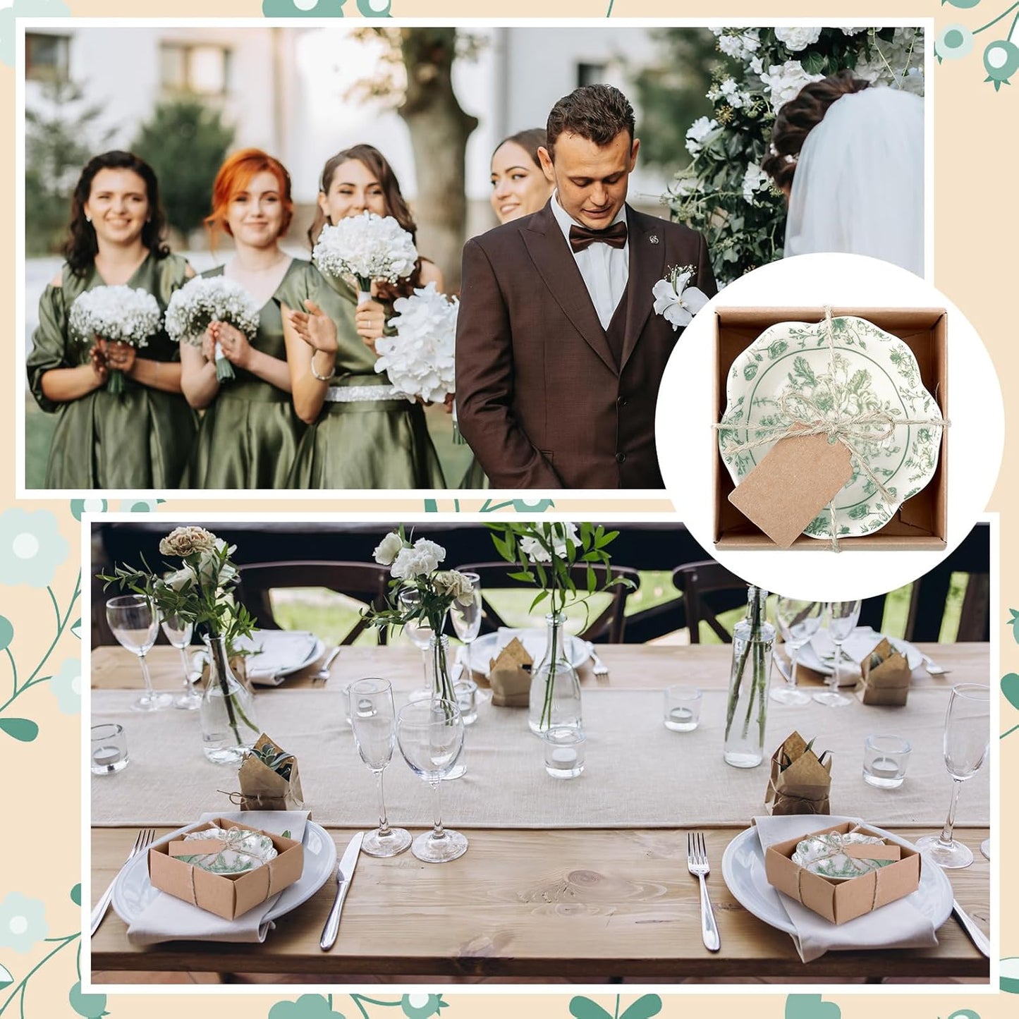 12 Pcs Wedding Favors for Guests Small Ceramic Bowl Bulk Gifts Set 3.3 Inch Floral Design Mini Dipping Bowl Sauce Dish with Cards Box for Bridal Baby Shower Birthday Guest Gift (Sage Green)