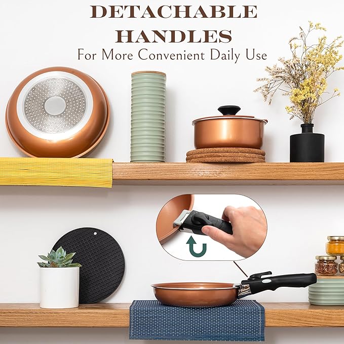 Moss & Stone Copper Pots And Pans Set Nonstick, Removable Handle Cookware, Stackable Pots And Pans Set, Dishwasher safe, Induction Pots And Pans, Camping Cookware Set, Aluminum (7 Pcs)