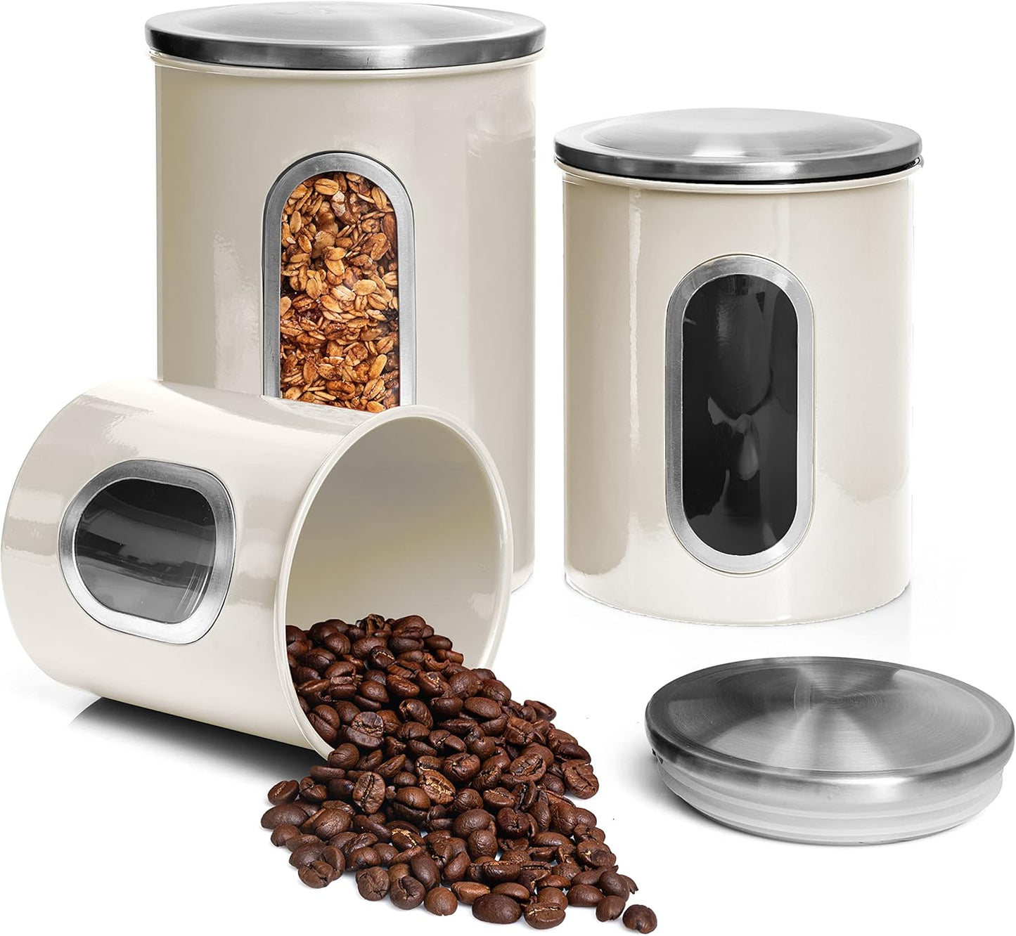 Moss & Stone 3-Piece Beige Canisters Sets For The Kitchen, Airtight Canister Set With See Through Window, Storage Jars for Coffee Container, Tea Organizer & Sugar Canister, Beige Kitchen Canisters