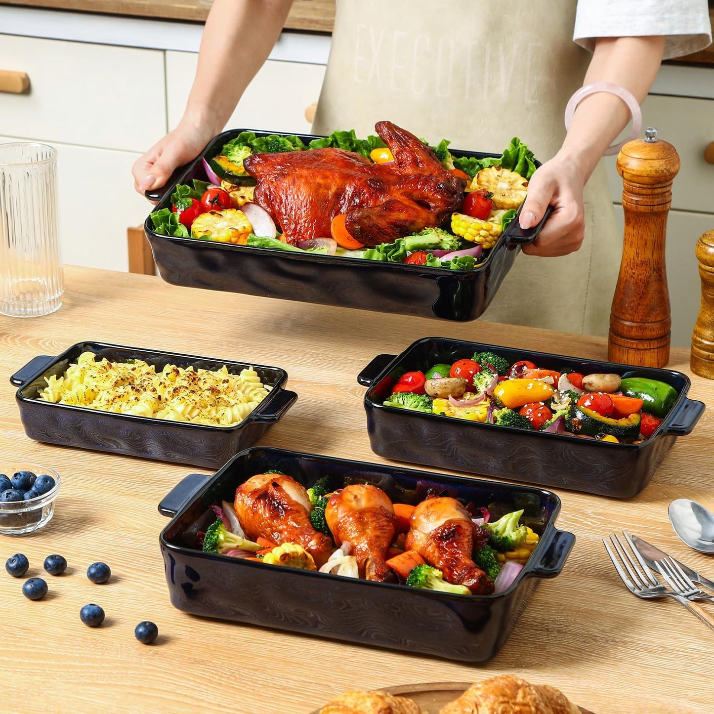 VICRAYS Ceramic Bakeware Set, Porcelain Rectangular Lasagna Pans Casserole Dish Set for Baking, Cooking, Kitchen, Cake Dinner, Banquet and Daily Use, 4 PCS, Blue(9.52"/11.06"/11.77"/14.56")