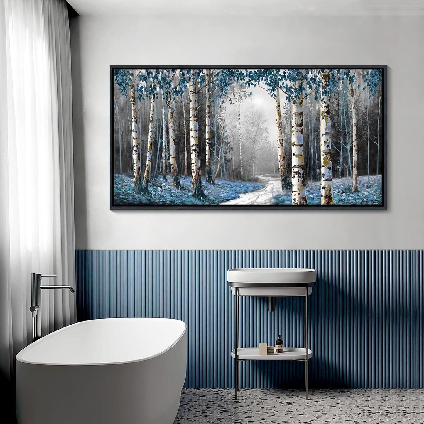 Large Canvas Wall Art Framed - Gray Blue Tree Abstract Canvas Painting Textured Picture, Modern Landscape Artwork Framed for Living Room Bedroom Bathroom Office Home Decor 58"x29"