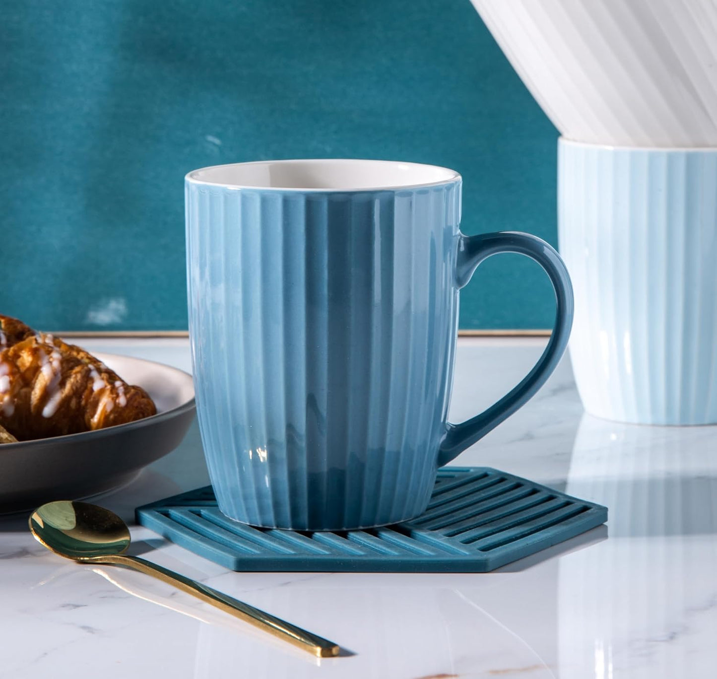 11 Ounce Porcelain Mugs, Set of 6, Tea and Cocoa Mug Set, Sea blue