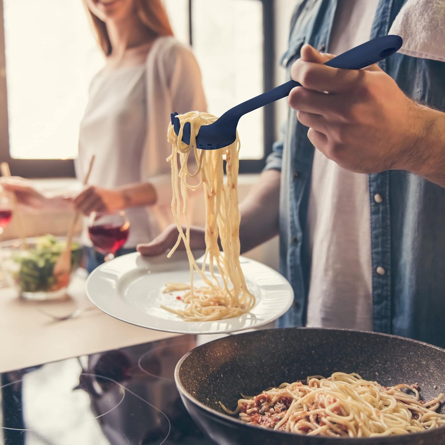 GIR: Get It Right Silicone Spoon, High Heat Resistant Kitchen Tool - Non toxic cooking utensils for Nonstick Cookware, Cooking, Strainer, and Serving, Spaghetti - 13 IN, Studio White